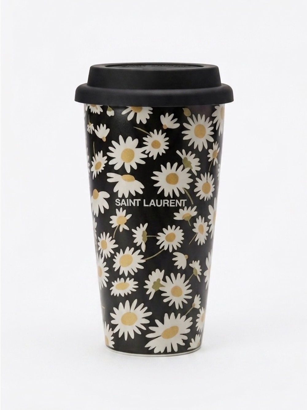 Saint Laurent Black Ceramic Mug with White and Yellow Daisies